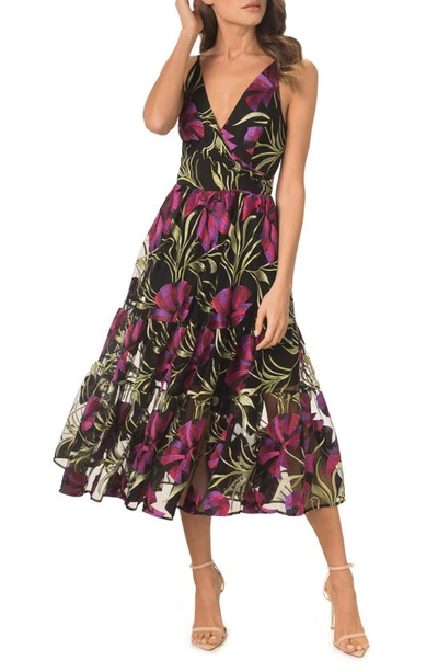 Dress The Population Paulette Floral Embroidered Fit & Flare Midi Dress In Purple