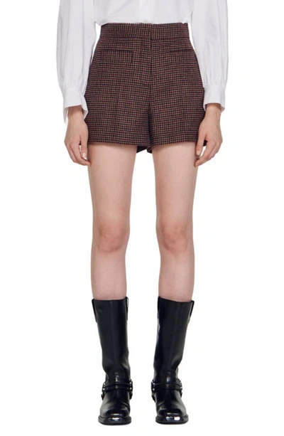 Sandro Tomyle Check Wool Blend Shorts In Brown/ Burgundy