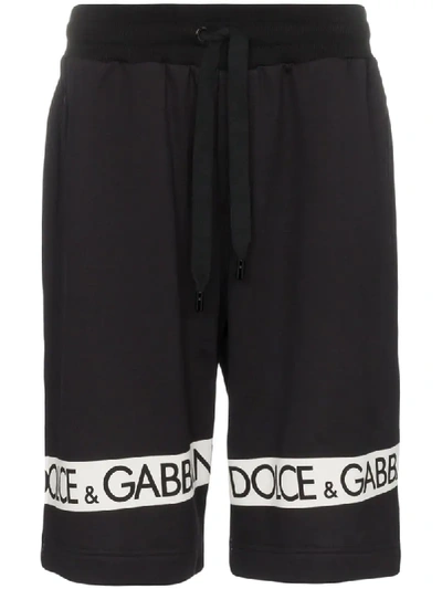 Dolce & Gabbana Logo Tape Printed Cotton Sweat Shorts In Black