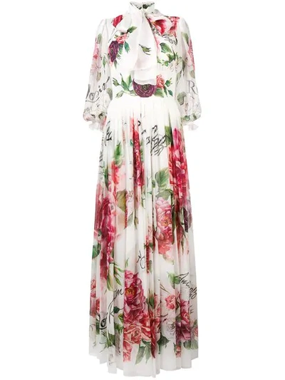 Dolce & Gabbana Pussy-bow Floral-print Silk-chiffon Gown In White