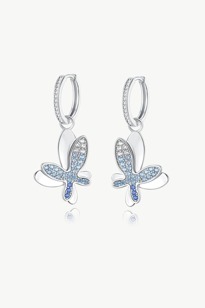 Classicharms Silver Gradient Blue Pavé Diamond Butterfly Dangle Drop Hoop Earrings