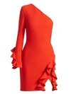 Cinq À Sept Pia One-shoulder Long-sleeve Cocktail Dress With Ruffles, Red In Grenadine