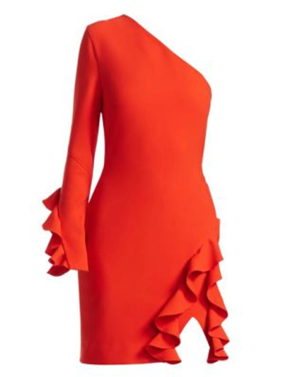 Cinq À Sept Pia One-shoulder Long-sleeve Cocktail Dress With Ruffles, Red In Grenadine