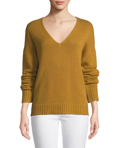 Theory Relaxed V-neck Cashmere Pullover Sweater In Yellow