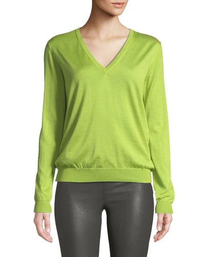 Tom Ford V-neck Long-sleeve Fine Cashmere-silk Top In Lime
