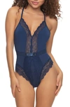 Black Bow Henny Satin & Lace Thong Bodysuit In Blue Depths
