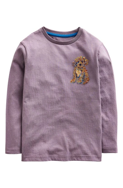 Mini Boden Kids' Appliqué Pup Long Sleeve Cotton T-shirt In Grey Dog