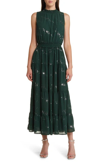 Lost + Wander Downtown Lights Foil Dot Chiffon Dress In Deep Green