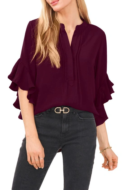 Vince Camuto Ruffle Sleeve Split Neck Blouse In Pickled Beet