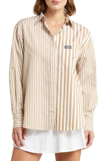Lacoste X Bandier Mix Stripe Cotton Button-up Shirt In Eco Sand/ Blanc