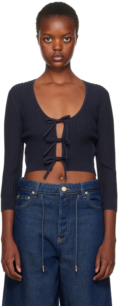 Ganni Navy Cropped Cardigan In 683 Sky Captain