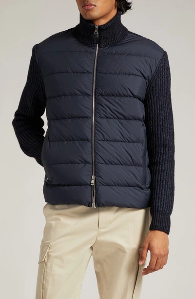 Moncler Mixed Media Down Puffer Cardigan In Dark Navy Blue