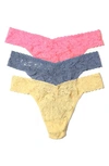 Hanky Panky Assorted 3-pack Lace Original Rise Thongs In Peach Fizz/chambray/buttercup