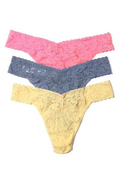 Hanky Panky Assorted 3-pack Lace Original Rise Thongs In Peach Fizz/chambray/buttercup