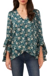 Vince Camuto Floral Print Bell Sleeve Top In Dp Forest