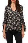 Vince Camuto Floral Print Bell Sleeve Top In Rich Black