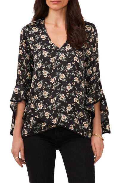 Vince Camuto Floral Print Bell Sleeve Top In Rich Black