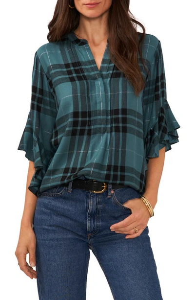 Vince Camuto Plaid Ruffle Sleeve Top In Green