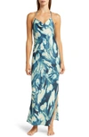 Open Edit Cowl Back Satin Nightgown In Blue Painterly Abstract Floral
