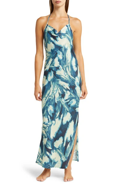 Open Edit Cowl Back Satin Nightgown In Blue Painterly Abstract Floral