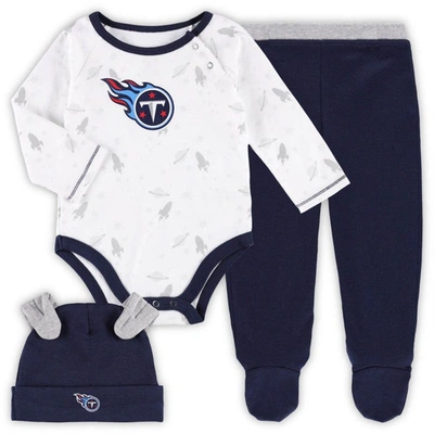 Outerstuff Babies' Newborn & Infant White/navy Tennessee Titans Dream Team Bodysuit Pants & Hat Set