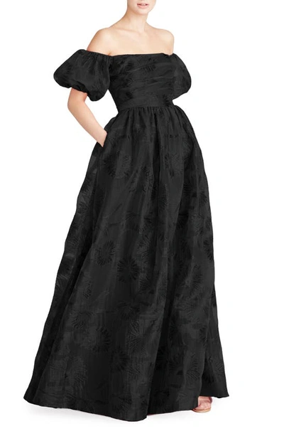 ml Monique Lhuillier Floral Off The Shoulder Organza Ballgown In Black
