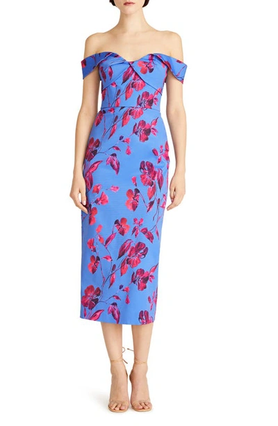 ml Monique Lhuillier Olivia Floral Off The Shoulder Faille Midi Dress In Crawling Rose