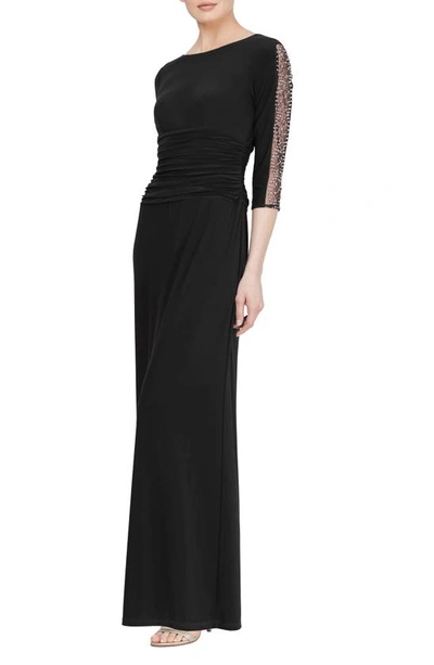 Sl Fashions Ruched Waist Embellished Sleeve Gown In Black