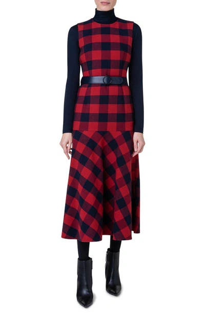 Akris Punto Buffalo Plaid Wool & Cotton Flannel Drop Waist Dress In 076 Crimson-navy