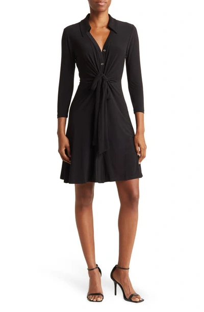 Tommy Hilfiger Tie Front Button-down V-neck Long Sleeve Dress In Black