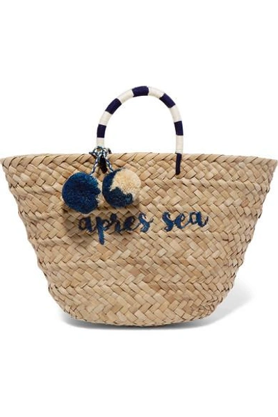 Kayu St Tropez Pompom-embellished Embroidered Woven Straw Tote In Beige