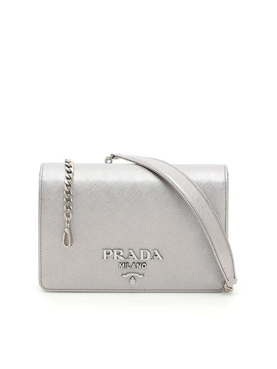 Prada Saffiano Lux Clutch In Cromometallico