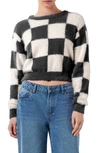 Noisy May Blaire Fuzzy Checkerboard Sweater In Black Checks Eggnog