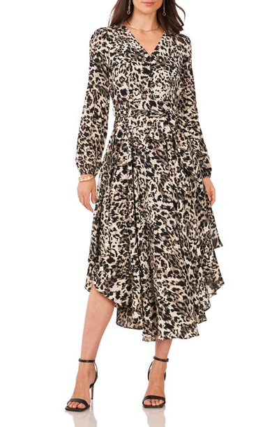Vince Camuto Animal Print Long Sleeve Midi Dress In Natural Taupe/ Black