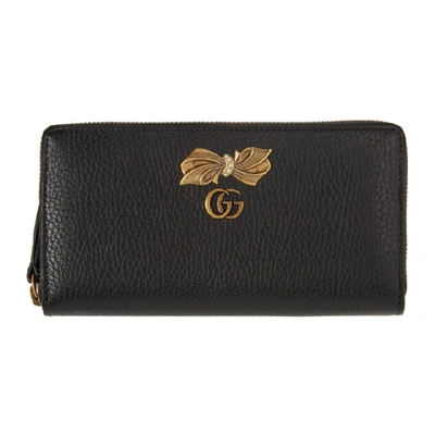 Gucci Leather Zip Around Wallet With Bow In 1163 Black