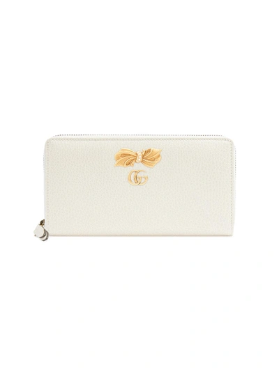 Gucci Leather Zip Around Wallet With Bow In White
