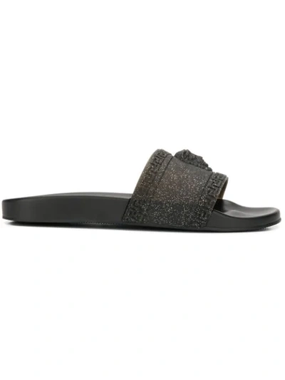 Versace Men's Glitter Shower Slide Sandals In Nero