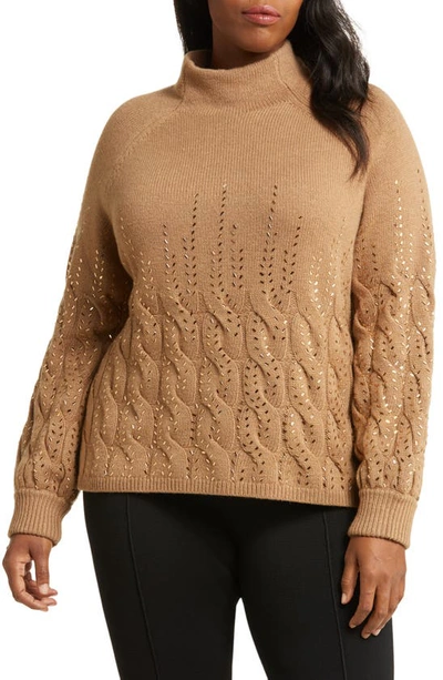 Marina Rinaldi Cable Crystal Embellished Wool Blend Mock Neck Sweater In Camel