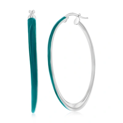 Simona Sterling Siver, Petrolio Enamel Oval Hoop Earrings In Green