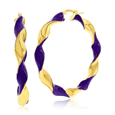Simona Sterling Silver, Violet Enamel 50mm Twisted Hoop Earrings - Gold Plated In Purple