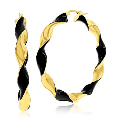 Simona Sterling Silver, Black Enamel 50mm Twisted Hoop Earrings - Gold Plated
