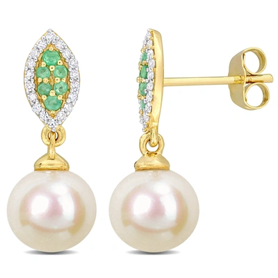Mimi & Max 8mm Cultured Freshwater Pearl 1/7ct Tdw Diamond 1/6ct Tgw Emerald Marquise Earrings 14k Yellow Gold In Multi