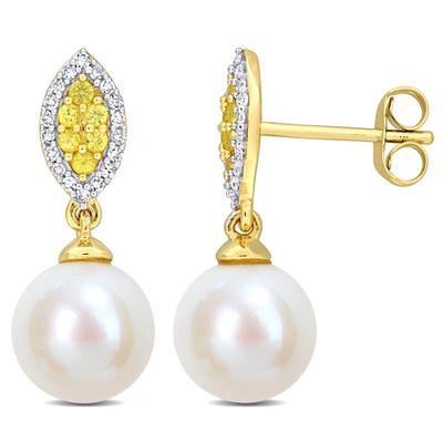 Mimi & Max 8mm Cultured Freshwater Pearl 1/7ct Tdw Diamond & Yellow Sapphire Marquise Earrings 14k Yellow Gold In Multi