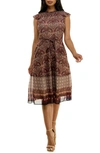 Nina Leonard Smock Chiffon Midi Dress In Tan Rust Neutral Multi