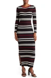 Love By Design Isabella Long Sleeve Ribbed Knit Maxi Dress In Black/ Wine Stripe Verona
