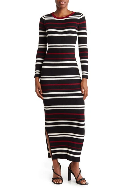 Love By Design Isabella Long Sleeve Ribbed Knit Maxi Dress In Black/ Wine Stripe Verona