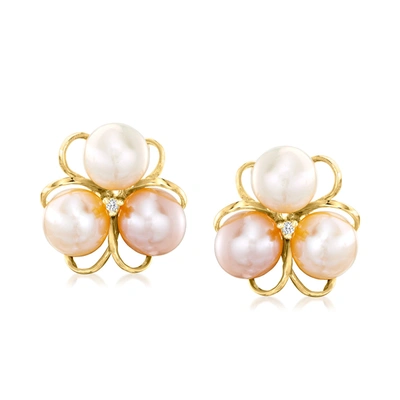 Ross-simons 6.5-7mm Multicolored Cultured Pearl Flower Earrings With Diamond Accents In 18kt Gold Over Sterling