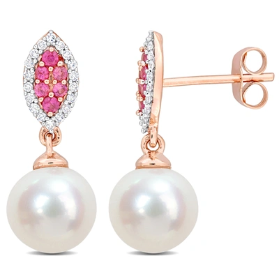 Mimi & Max 8mm Cultured Freshwater Pearl 1/7ct Tdw Diamond & Pink Sapphire Marquise Earrings 14k Rose Gold In Multi