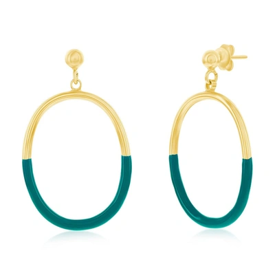 Simona Sterling Silver, Petrolio Enamel Oval Earrings - Gold Plated In Green