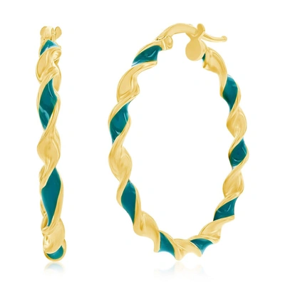Simona Sterling Silver, Petrolio Enamel 30mm Twisted Hoop Earrings - Gold Plated In Green